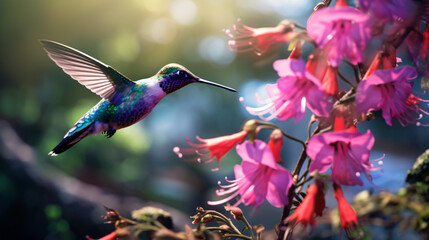 Pink blooming hummingbird in a wooded environment