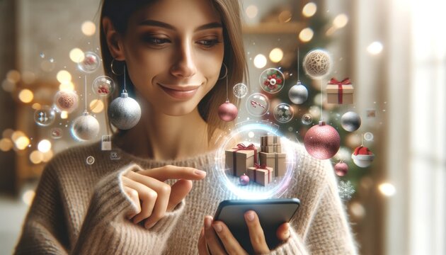 A futuristic woman stands against a wall, her phone in hand as she indulges in a wild shopping spree for the latest christmas fashion, embodying both style and emotion
