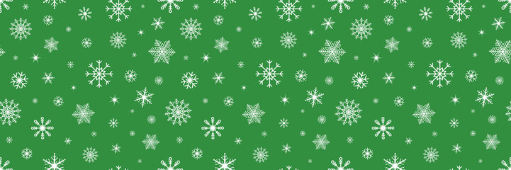 White snowflakes on green banner. Snowflake Christmas background. Happy Holiday card. Hello winter border. Color snowfall frame. Flying confetti. Celebration design. Vector illustration