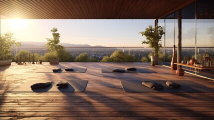 A rooftop yoga retreat with panoramic views and serene natural materials.