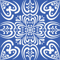 Pattern blue and white.Original traditional Portuguese and Spain decor.Seamless pattern tile with Victorian motives.Ceramic tile in talavera style. Ornamental blue and white patterns for any decor.