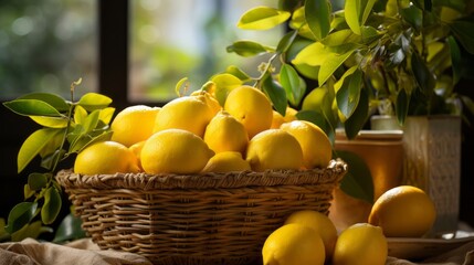 Lemons near the window in the basket. Generative AI.
