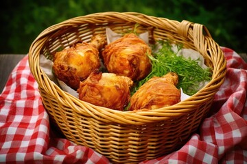 bbq drumsticks served in a basket, picnic-style