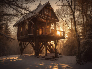 Haus auf Stelzen in  winterlicher Landschaft Natur in der Abendsonne Sonne
