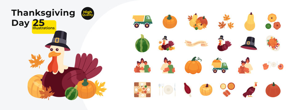 Thanksgiving day cartoon flat illustration bundle. Pilgrim turkey bird, fall pumpkins 2D characters, objects isolated on white background. Hugging family, eating meals vector color image collection