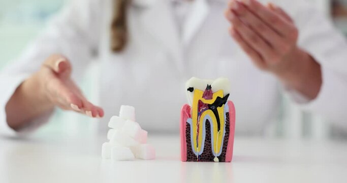 Problem tooth with caries and sugar cubes in clinic. Treatment of caries and effect of sweets on teeth