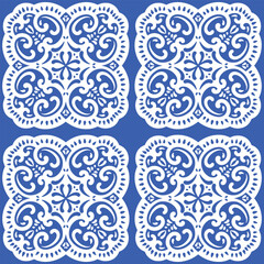 Pattern blue and white.Original traditional Portuguese and Spain decor.Seamless pattern tile with Victorian motives.Ceramic tile in talavera style. Ornamental blue and white patterns for any decor.