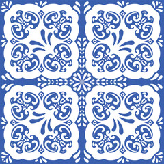 Pattern blue and white.Original traditional Portuguese and Spain decor.Seamless pattern tile with Victorian motives.Ceramic tile in talavera style. Ornamental blue and white patterns for any decor.