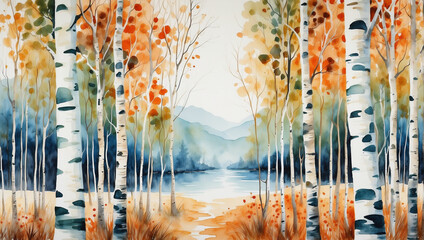 birch trees, watercolor  - obrazy, fototapety, plakaty