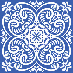 Pattern blue and white.Original traditional Portuguese and Spain decor.Seamless pattern tile with Victorian motives.Ceramic tile in talavera style. Ornamental blue and white patterns for any decor.