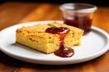 cornbread with bbq sauce on top on a white plate