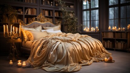 Luxurious satin bedspread in a romantic sett. Generative AI.