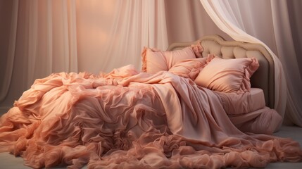 Luxurious satin bedspread in a romantic sett. Generative AI. - obrazy, fototapety, plakaty