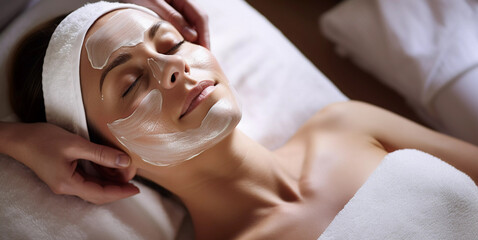 Lifestyle portrait of beautiful woman getting facial mask massage treatment at luxury spa - obrazy, fototapety, plakaty