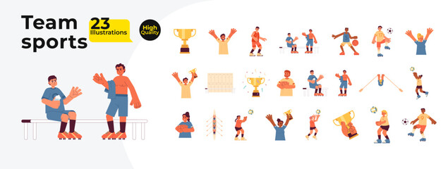 Obraz na płótnie Canvas Diverse sportsmen athletes cartoon flat illustration bundle. Basketball, football, volleyball players 2D characters isolated on white background. Competitive sport vector color image collection