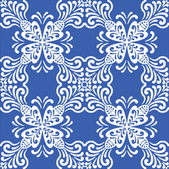 Pattern blue and white.Original traditional Portuguese and Spain decor.Seamless pattern tile with Victorian motives.Ceramic tile in talavera style. Ornamental blue and white patterns for any decor.