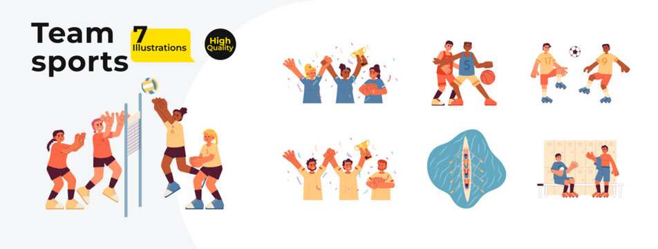 Team sports cartoon flat illustration bundle. Basketball game, football players, kayaking people 2D characters isolated on white background. Competition champion vector color image collection