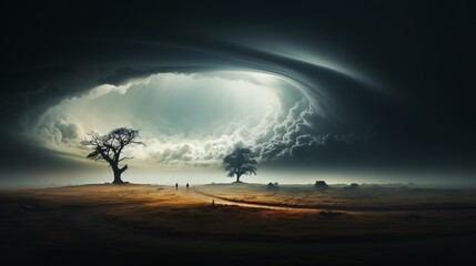 A powerful tornado in an open field. A unique moment of a natural phenomenon, the power of the elements. A whirlwind lifted into the dark sky, framed by clouds. A dramatic. Catastrophic event. - obrazy, fototapety, plakaty