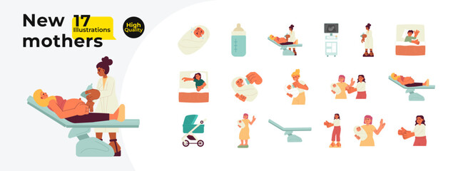 Parenting multiracial cartoon flat illustration bundle. Newborn baby with mother 2D characters isolated on white background. Infant feeding. Early childhood parenthood vector color image collection