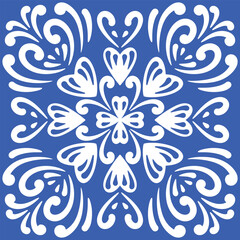 Pattern blue and white.Original traditional Portuguese and Spain decor.Seamless pattern tile with Victorian motives.Ceramic tile in talavera style. Ornamental blue and white patterns for any decor.