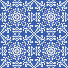 Pattern blue and white.Original traditional Portuguese and Spain decor.Seamless pattern tile with Victorian motives.Ceramic tile in talavera style. Ornamental blue and white patterns for any decor.