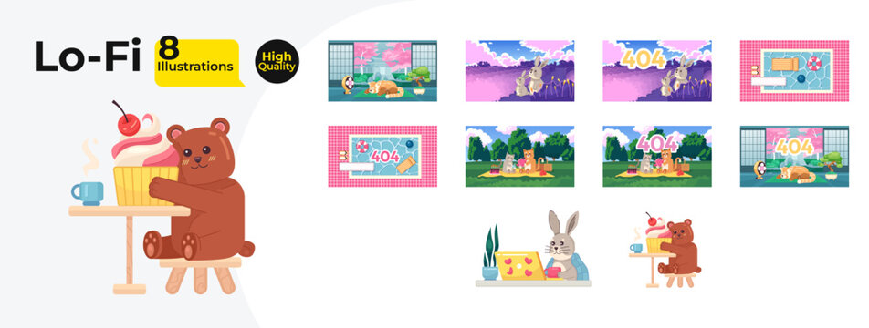 Kawaii cute lofi wallpapers bundle. Bear cupcake, panda sleeping, rabbits field, picnic party 2D characters cartoon flat illustration collection. Chill vector art, lo fi aesthetic colorful backgrounds