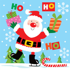 Cute Santa Claus with ho ho ho and Christmas gifts