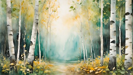 birch trees, watercolor  - obrazy, fototapety, plakaty