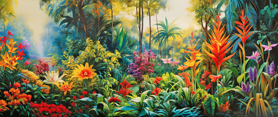tropical forest illustration with vibrant flowers creates a colorful paradise background - obrazy, fototapety, plakaty