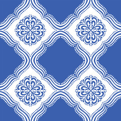 Pattern blue and white.Original traditional Portuguese and Spain decor.Seamless pattern tile with Victorian motives.Ceramic tile in talavera style. Ornamental blue and white patterns for any decor.