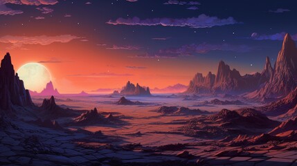 a landscape of desert with mountains and sunset