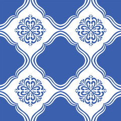 Pattern blue and white.Original traditional Portuguese and Spain decor.Seamless pattern tile with Victorian motives.Ceramic tile in talavera style. Ornamental blue and white patterns for any decor.