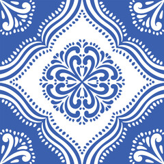 Pattern blue and white.Original traditional Portuguese and Spain decor.Seamless pattern tile with Victorian motives.Ceramic tile in talavera style. Ornamental blue and white patterns for any decor.