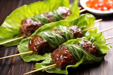 bbq meatball skewers wrapped in lettuce leaves