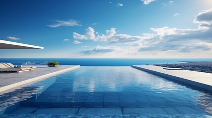 A rooftop pool with an infinity edge that seamlessly blends into the horizon. - obrazy, fototapety, plakaty