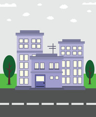Fototapeta premium Modern building exterior. Facade of apartment house, hotel, business and shopping center. Vector illustration in flat style with road, tree and clouds.