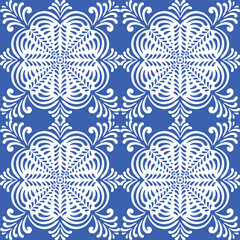 Pattern blue and white.Original traditional Portuguese and Spain decor.Seamless pattern tile with Victorian motives.Ceramic tile in talavera style. Ornamental blue and white patterns for any decor.