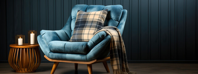 Elegant blue and white check mohair blanket, on a chair.