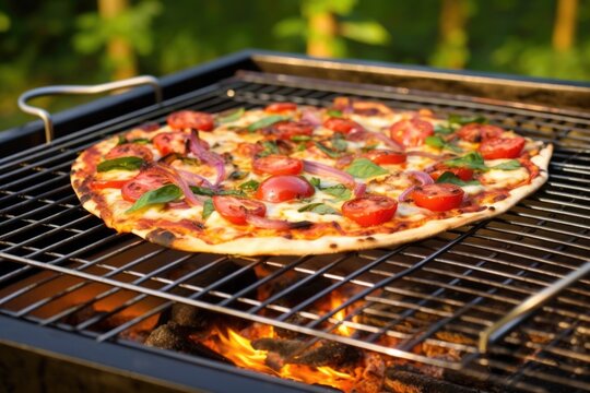 the heated grill with the bbq pizza on it