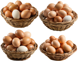 four wicker baskets with fresh eggs - obrazy, fototapety, plakaty