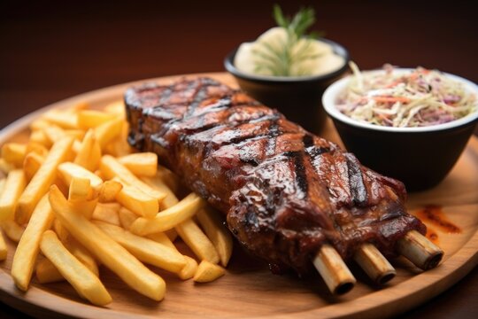 bbq ribs cut into pieces with side servings of coleslaw and fries