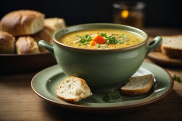 top view  bowl of soup with a piece of bread on the side  