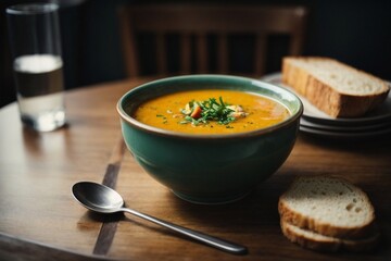 top view  bowl of soup with a piece of bread on the side  