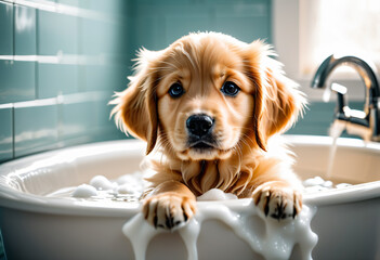  close-up of a delightful puppy enjoying a bath