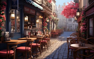 Street view of a Parisian cafe in France. 3d render