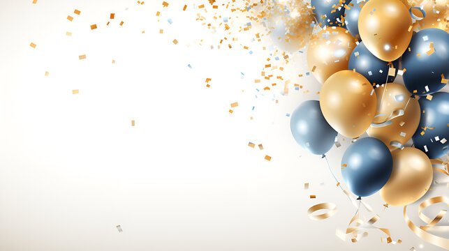 balloons Gold,white,silver,black and falling foil confetti on black background for writing space.Generative AI happy new year 2024