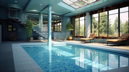 Swimming pool in a modern villa. 3d rendering. - obrazy, fototapety, plakaty