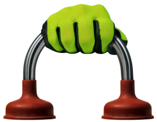 Hand with green and black protective work glove, holding a red rubber plunger with a handle in the shape of a curved stainless steel pipe, isolated on white or transparent background. Png.