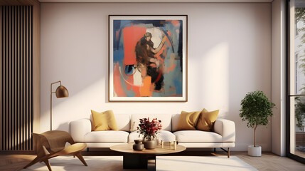 ReMockup Of visualization of a framed poster in a contemporary living room setting, using a modern...