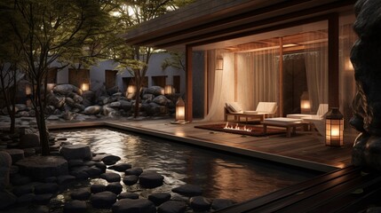 A serene outdoor spa with hot and cold plunge pools and aromatic steam rooms. - obrazy, fototapety, plakaty